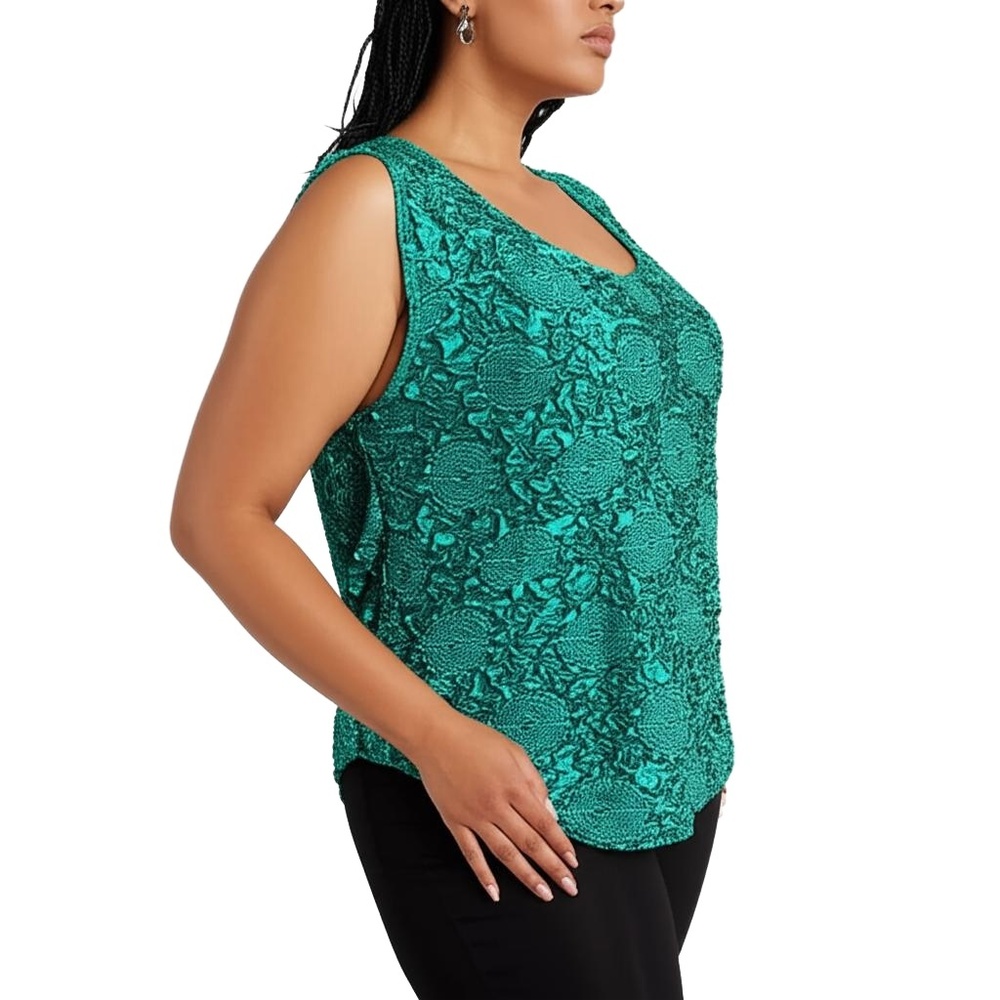 VTG Rafael Woman 1X Green Sequin Sleeveless Pullover Textured Crinkle 90s Y2K‎